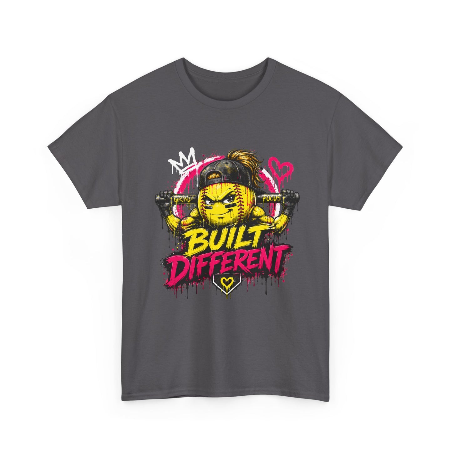 Built Different Softball Tee — Grunge Cartoon Muscular Player with Bat