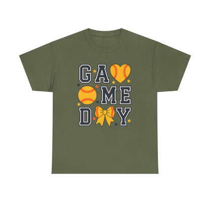 Game Day Softball T-Shirt — 'GAME DAY' Graphic with Hearts, Ball & Bow
