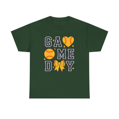 Game Day Softball T-Shirt — 'GAME DAY' Graphic with Hearts, Ball & Bow