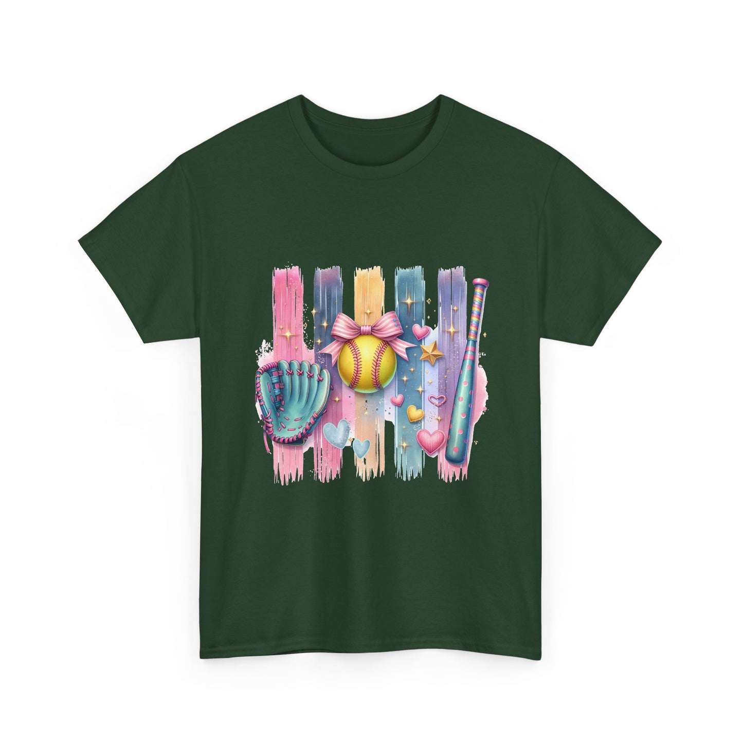 Softball Gear Watercolor T-Shirt — Baseball Bat, Glove & Ball Design