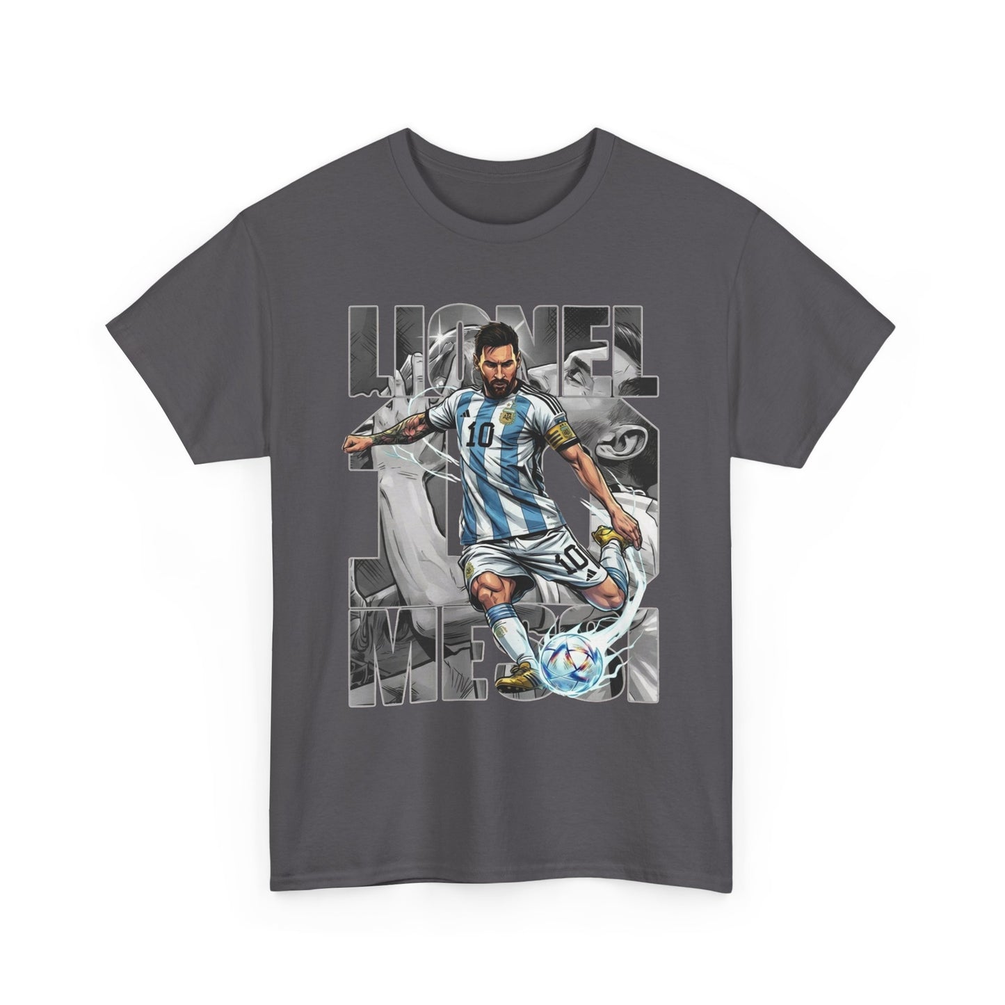 Soccer Star Graphic Tee Front — Argentina Striped Jersey Player Design