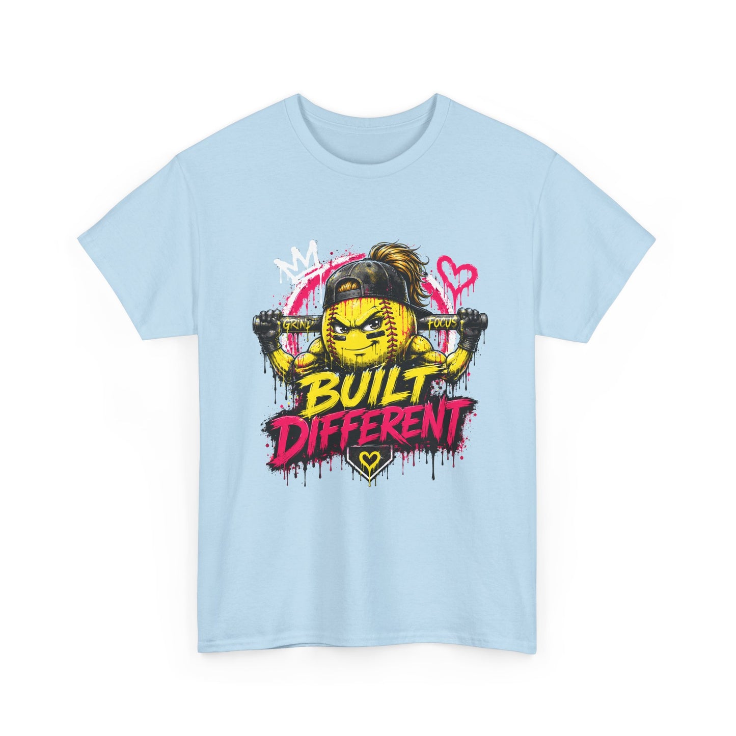 Built Different Softball Tee — Grunge Cartoon Muscular Player with Bat