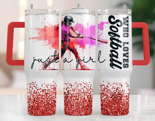 Pink and red Just a Girl Who Loves Softball 40oz tumbler