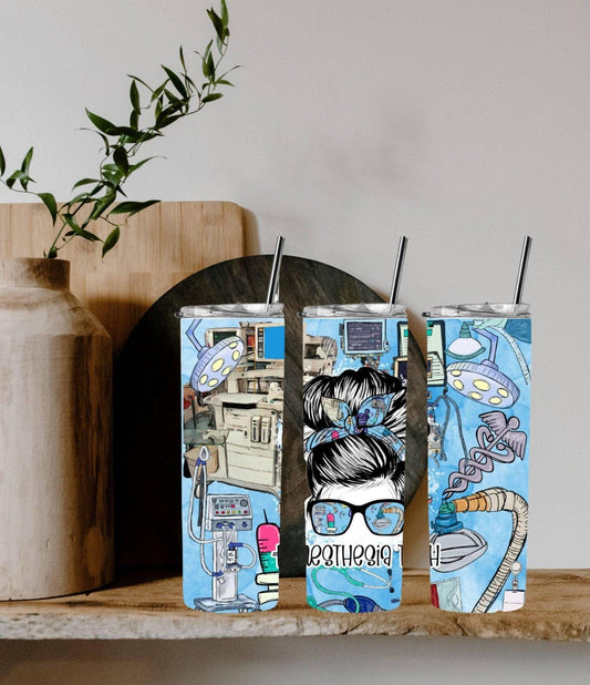 Anesthesia Tech Messy Bun 20 Oz Tumbler With Straw And Lid Spill Proof Hydration On The Go - KW CUSTOM CREATIONS