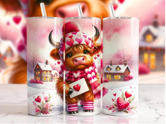 Baby Highland Cow Valentines Day 20oz Stainless Steel Tumbler Keeps Drinks Hot Or Cold For Cow Lovers On The Go - KW CUSTOM CREATIONS