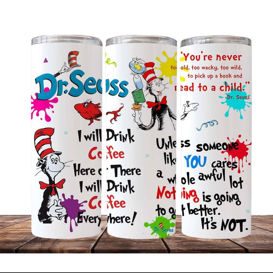 Dr Seuss 20oz Tumbler With Whimsical Cat Illustrations Keeps Drinks Hot Or Cold On The Go - KW CUSTOM CREATIONS