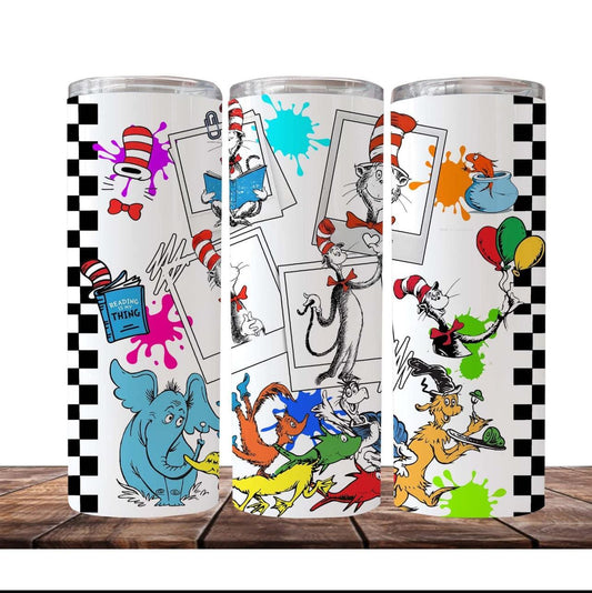 Dr Seuss Inspired Elephant and the Cat 20 Ounce Tumbler With Whimsical Illustrations Keeps Drinks Hot or Cold - KW CUSTOM CREATIONS