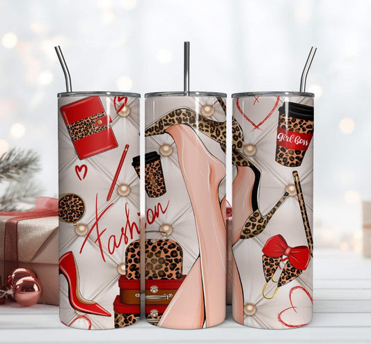 Fashion 20 Oz Tumbler With Shoes Coffee Theme Brown And Red Background Keeps Drinks Hot Or Cold On The Go - KW CUSTOM CREATIONS