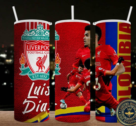 Liverpool Luis Diaz 20 Oz Stainless Steel Tumbler With Splash Proof Lid And Non Slip Silicone Grip - KW CUSTOM CREATIONS
