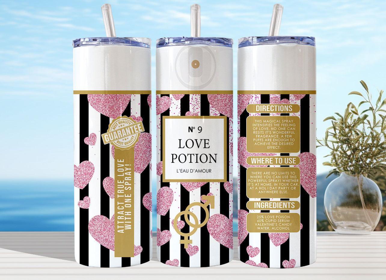 Love Potion Pink 20oz Tumbler With Pink Heart And Black Stripe Design For On The Go Sips - KW CUSTOM CREATIONS