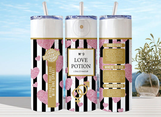 Love Potion Pink 20oz Tumbler With Pink Heart And Black Stripe Design For On The Go Sips - KW CUSTOM CREATIONS
