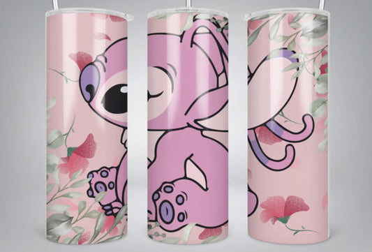 Pink Alien 20oz Insulated Tumbler With Angel Design Inspired By Stitch For Lilo And Stitch Fans - KW CUSTOM CREATIONS