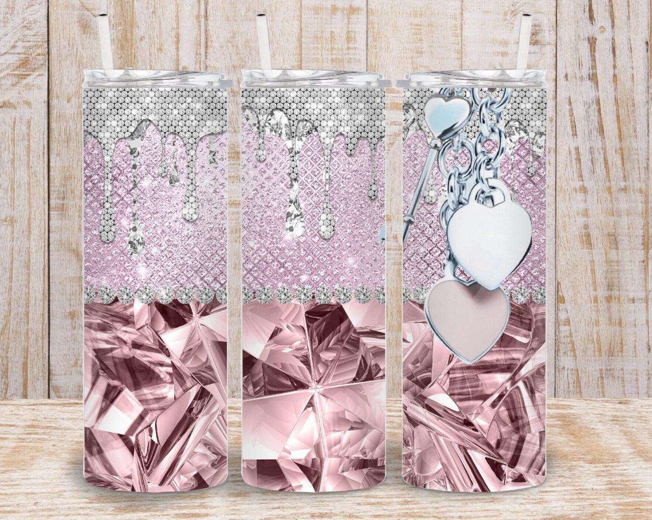 Pink Bling Glam 20 Oz Tumbler With Heart And Key Chain Background Keeps Beverages Hot Or Cold - KW CUSTOM CREATIONS