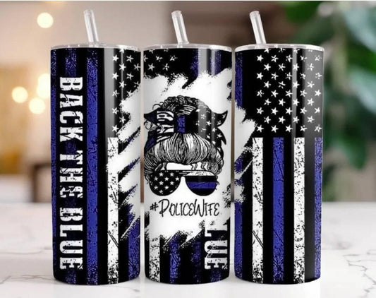 Police Wife 20oz Stainless Steel Tumbler With Splash Proof Clear Lid Metal Straw And Cleaning Brush - KW CUSTOM CREATIONS